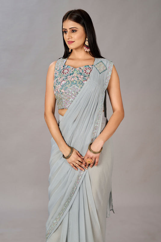 Georgette Fabric Grey Color Patterned One Minute Saree With Embroidered Work