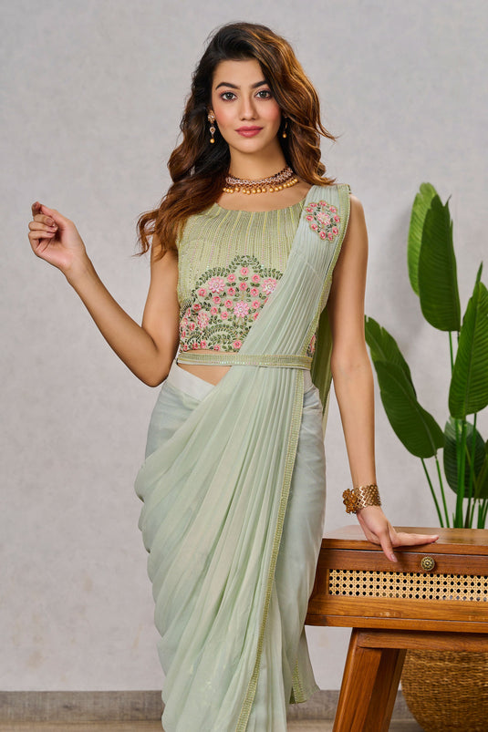 Sea Green Color Embroidered Work On Georgette Fabric Stunning One Minute Saree