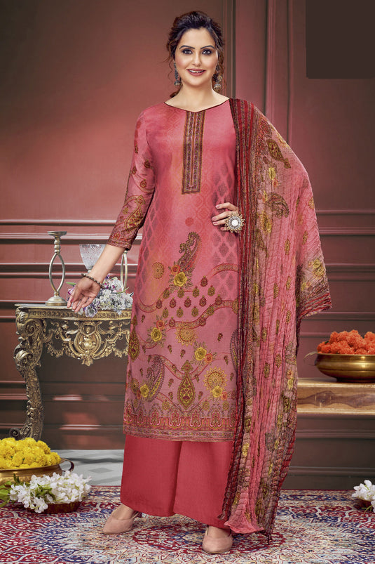 Engaging Pink Color Muslin Fabric Salwar Suit With Printed Work