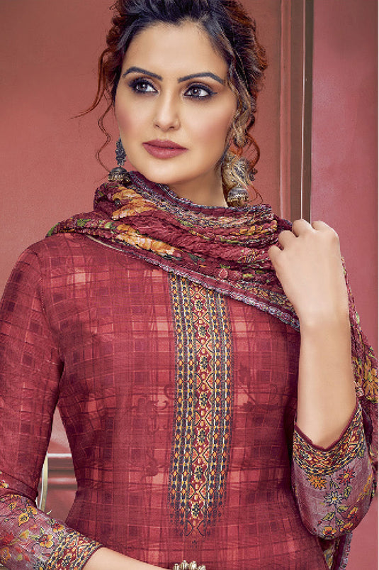 Muslin Fabric Maroon Color Salwar Suit With Winsome Printed Work