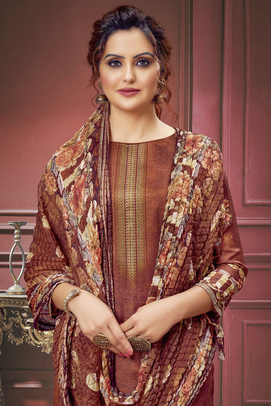 Creative Printed Work On Salwar Suit In Brown Color Muslin Fabric