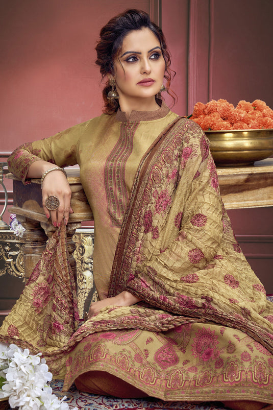 Amazing Beige Color Muslin Fabric Salwar Suit With Printed Work