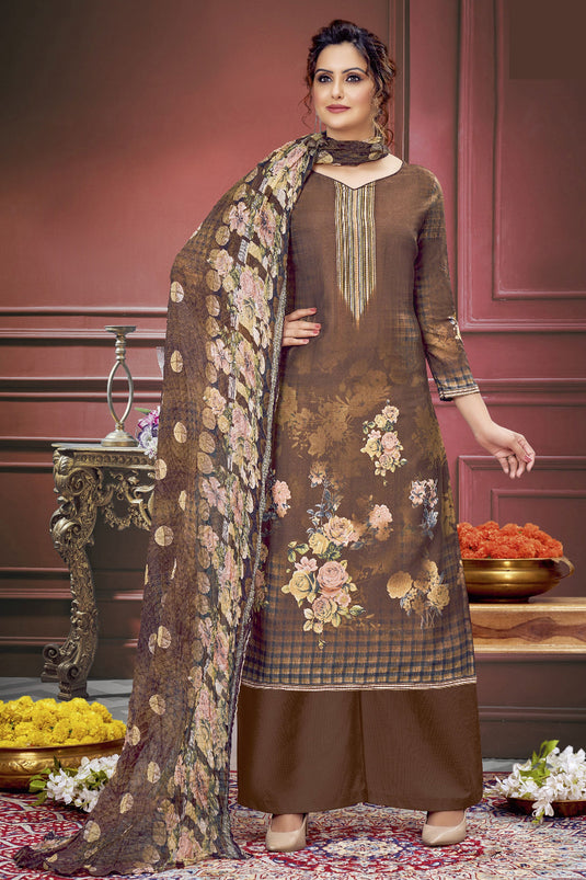 Solid Muslin Fabric Printed Work On Salwar Suit In Coffee Color