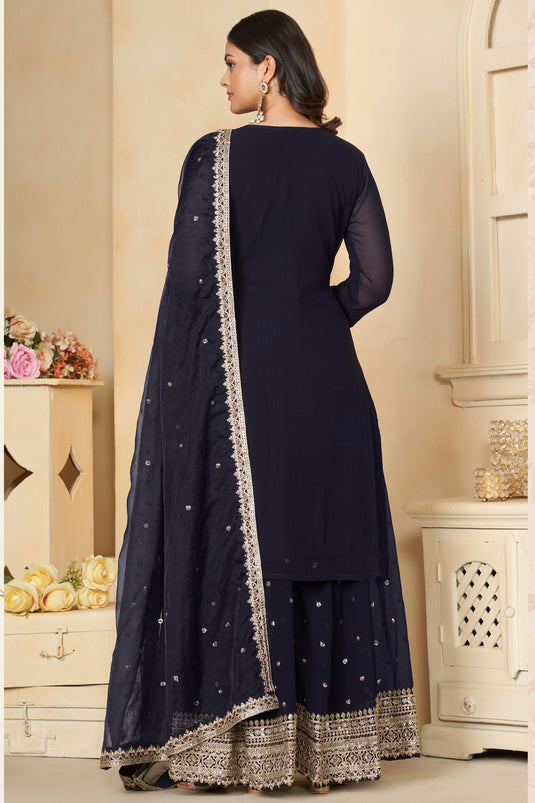 Contemporary Navy Blue Color Georgette Readymade Palazzo Suit For Party