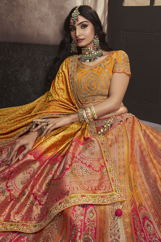 Embellished Sequins Work On Peach Color Silk Fabric Bridal Lehenga
