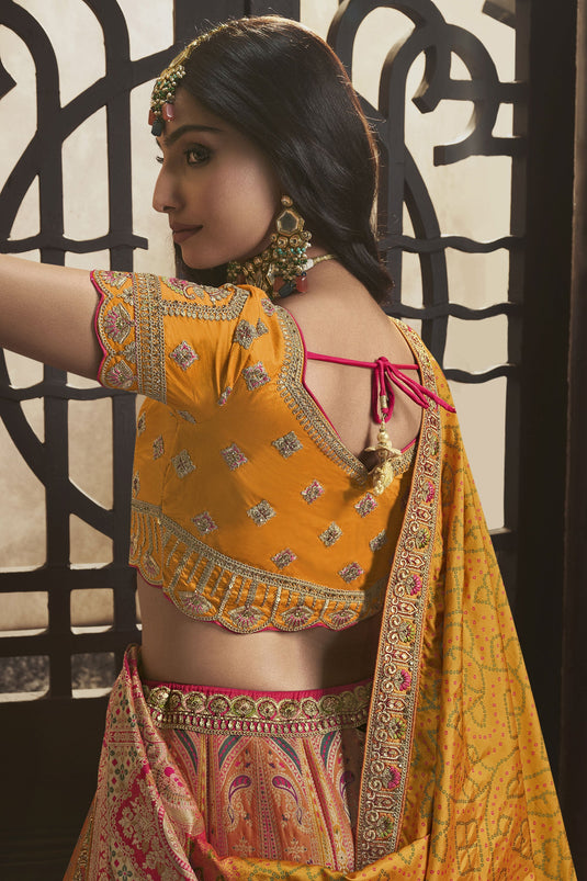 Embellished Sequins Work On Peach Color Silk Fabric Bridal Lehenga
