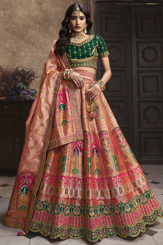 Awesome Sequins Work On Silk Fabric Peach Color Bridal Lehenga