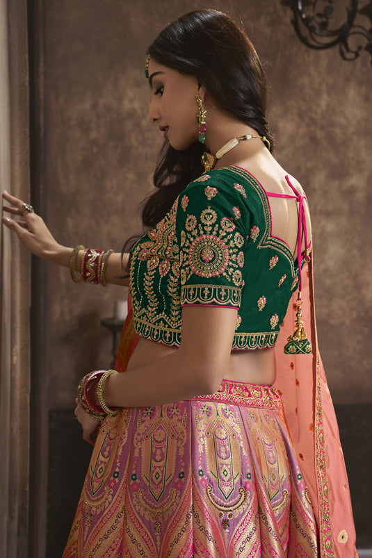 Sequins Work Glamorous Bridal Lehenga In Peach Color Silk Fabric