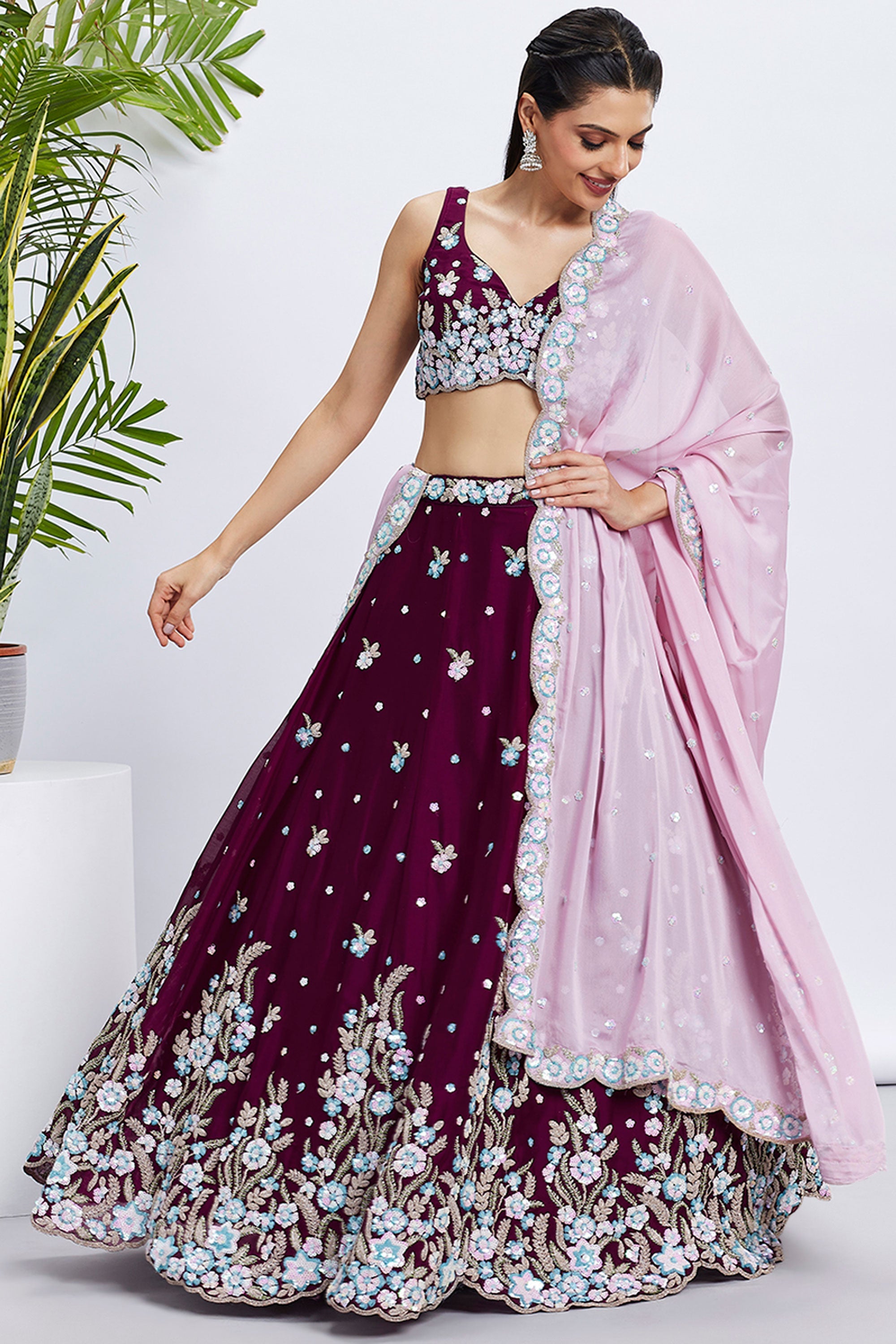 Georgette Fabric Burgundy Designer 3 Piece Sequins Work Lehenga Choli georgette-fabric-burgundy-designer-3-piece-sequins-work-lehenga-choli