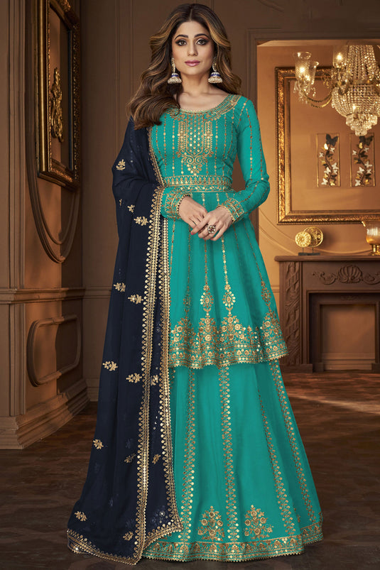 Shamita Shetty Dazzling Sea Green Color Sharara Top Lehenga In Georgette Fabric