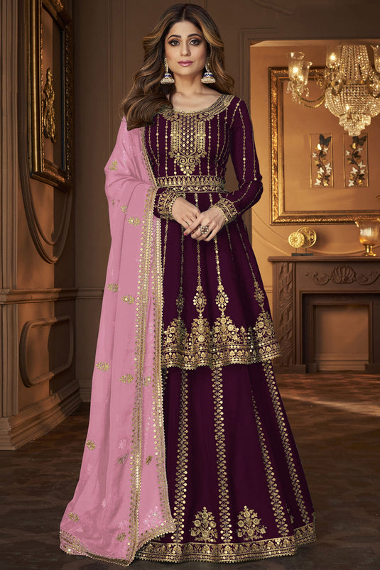 Shamita Shetty Radiant Purple Color Georgette Fabric Sharara Top Lehenga