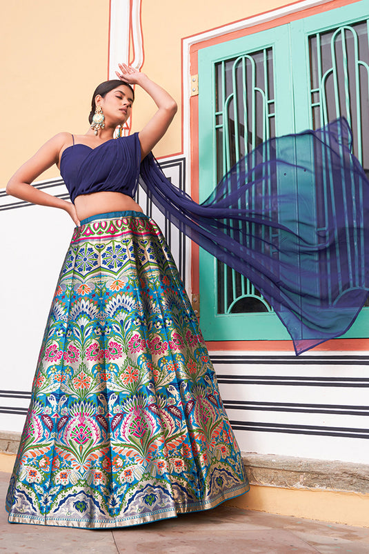 Embellished Navy Blue Color Weaving Designs Banarasi Silk Lehenga