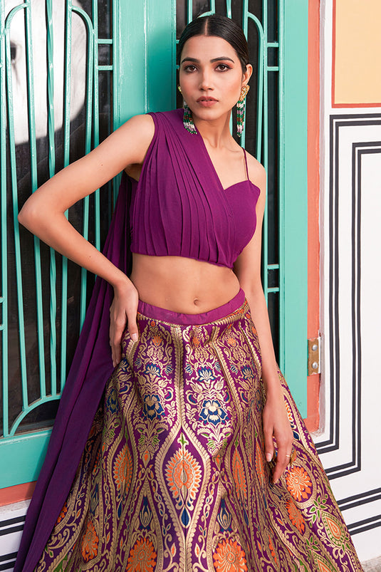 Purple Color Fascinating Weaving Designs Banarasi Silk Lehenga