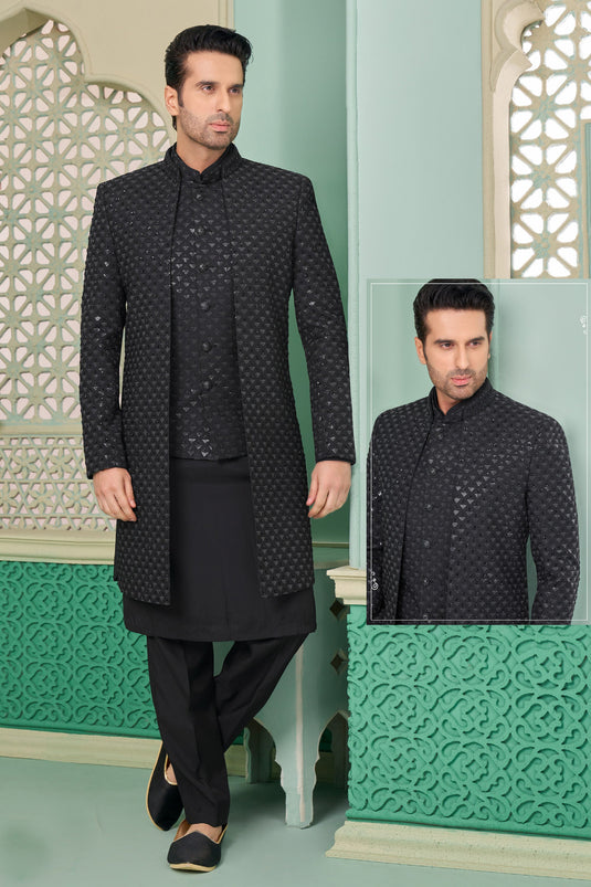 Black Banarasi Silk Fabric Trendy Readymade Nawabi Style Indo Western For Men