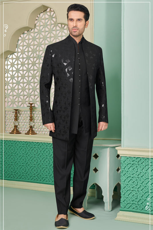 Banarasi Silk Blazing Black Readymade Nawabi Style Indo Western