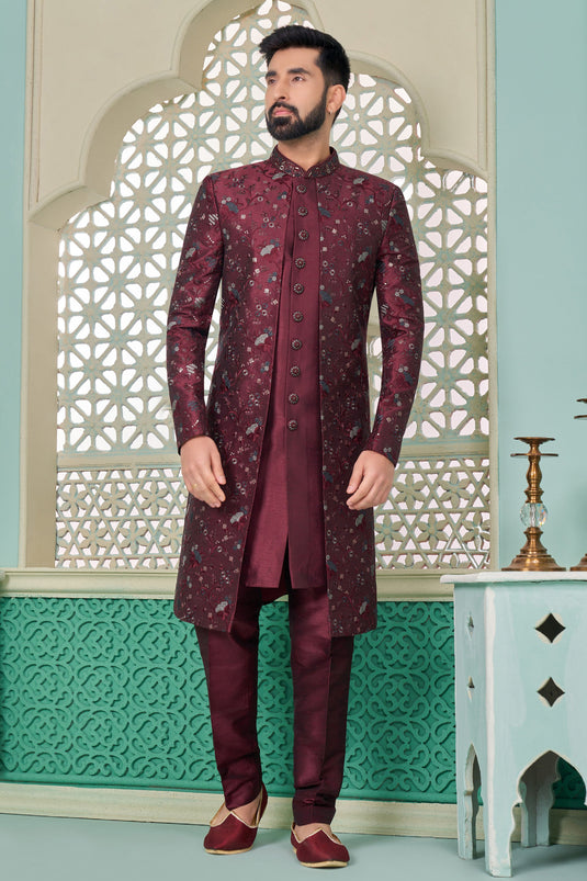Maroon Color Banarasi Silk Fabric Readymade Nawabi Style Indo Western