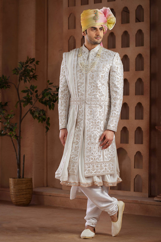 Wedding Wear Art Silk Fabric Designer Heavy Embroidered Readymade Groom Sherwani For Men In White Color