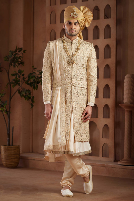 Art Silk Fabric Designer Heavy Embroidered Wedding Wear Readymade Groom Sherwani For Men In Beige Color