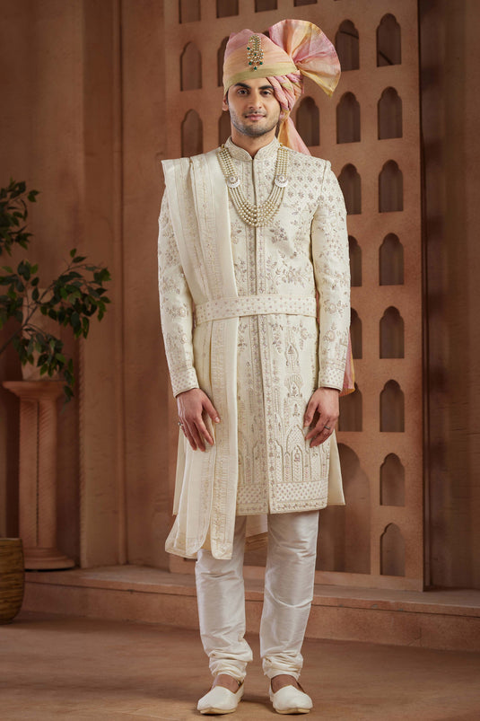 Cream Color Art Silk Fabric Wedding Wear Readymade Groom Sherwani For Men