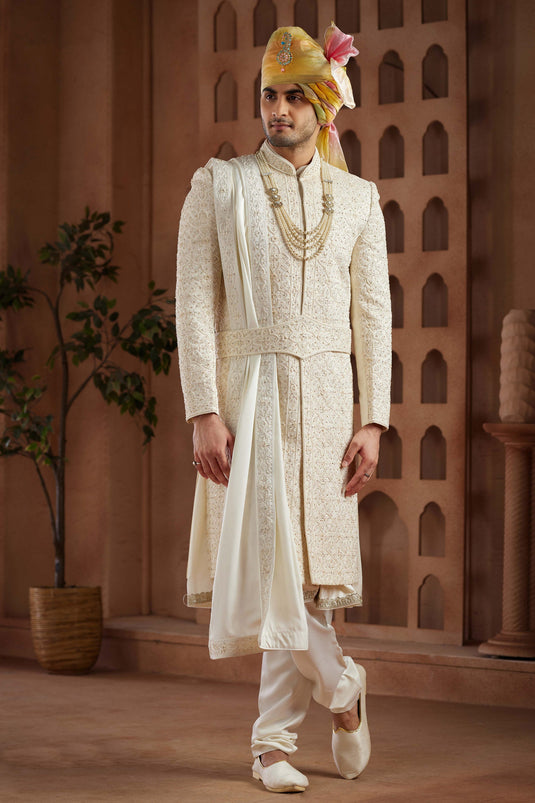 Art Silk Fabric Cream Color Wedding Wear Readymade Men Stylish Groom Sherwani
