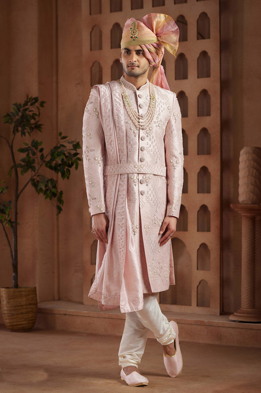 Pink Art Silk Fabric Wedding Wear Trendy Readymade Groom Sherwani For Men