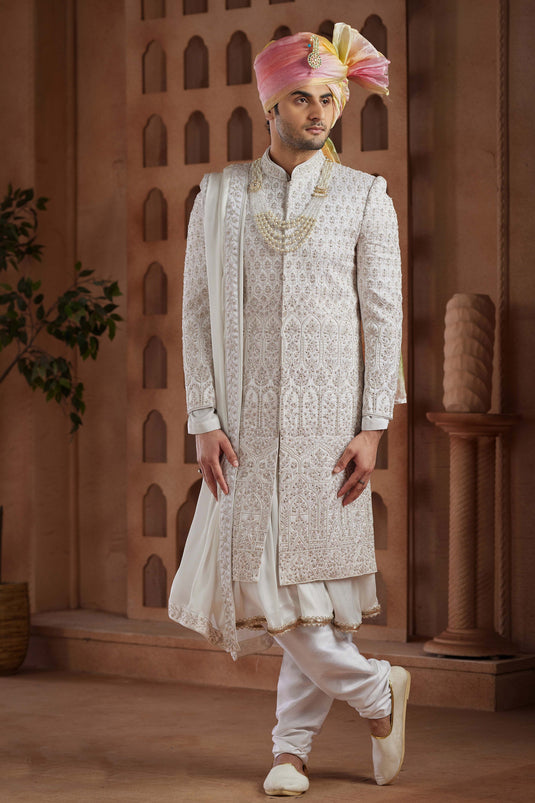 Art Silk White Color Wedding Wear Readymade Designer Men Groom Sherwani