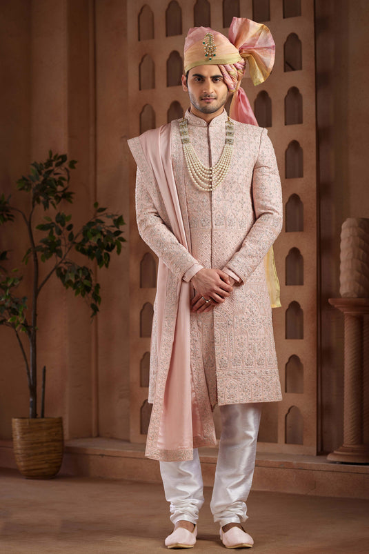 Pink Gorgeous Art Silk Fabric Wedding Wear Readymade Groom Sherwani For Men