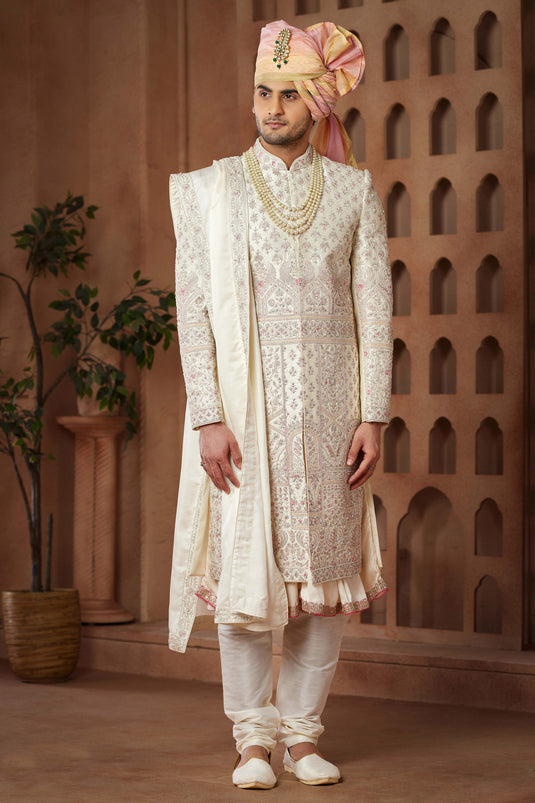 Art Silk Stunning Cream Color Wedding Wear Readymade Men Groom Sherwani