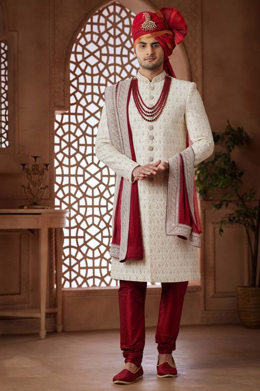 Art Silk Cream Wedding Wear Readymade Lovely Groom Sherwani For Men