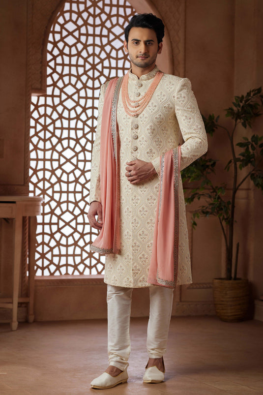 Pretty Art Silk Fabric Wedding Wear Readymade Men Groom Sherwani In Cream Color