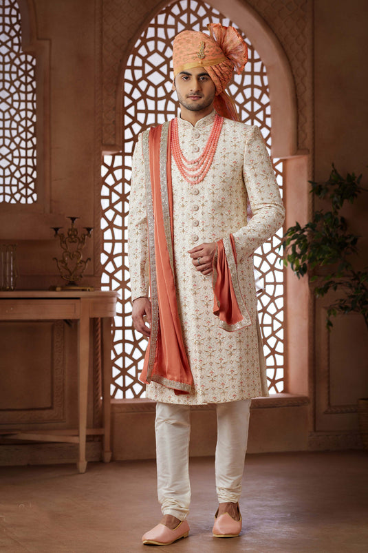 Beautiful Cream Color Wedding Wear Readymade Groom Sherwani For Men In Art Silk Fabric