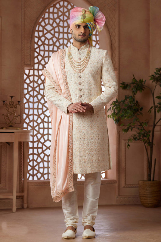 Georgette Wedding Wear Attractive Readymade Men Groom Sherwani In Cream Color
