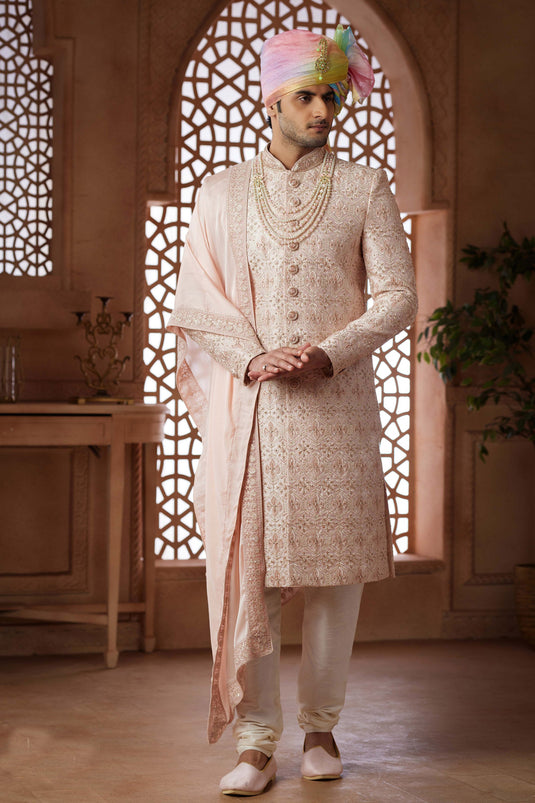 Pink Wedding Wear Readymade Glamorous Groom Sherwani For Men In Art Silk Fabric