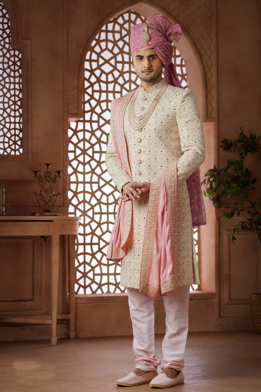 Cream Art Silk Fabric Graceful Readymade Men Groom Sherwani For Wedding Wear