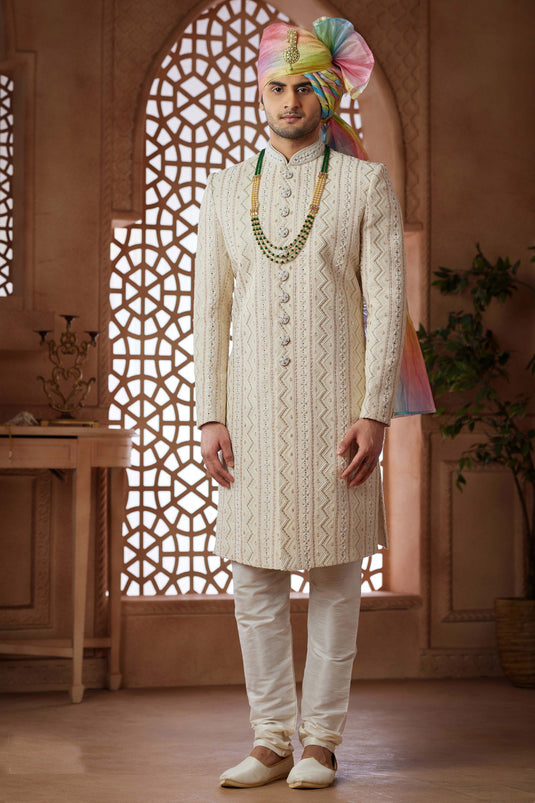 Cream Georgette Fabric Magnificent Readymade Men Groom Sherwani For Wedding Wear