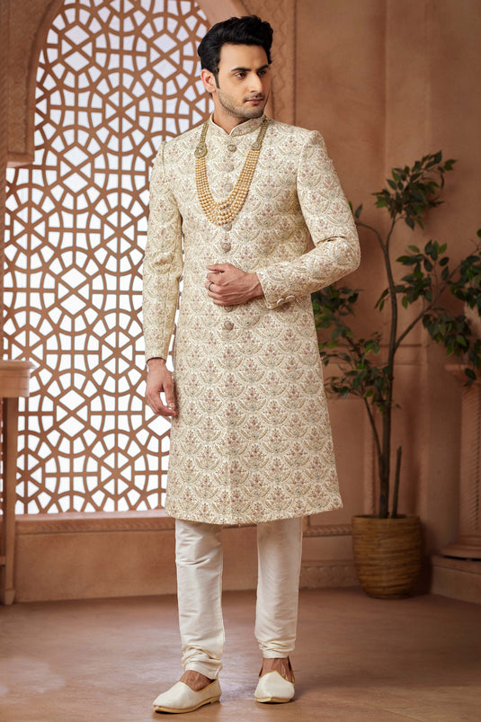 Art Silk Cream Magnificent Readymade Men Groom Sherwani For Wedding Wear