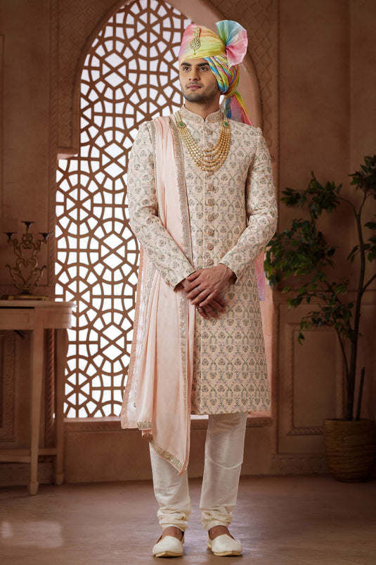 Cream Color Art Silk Fabric Heavy Embroidered Wedding Wear Designer Readymade Groom Sherwani For Men