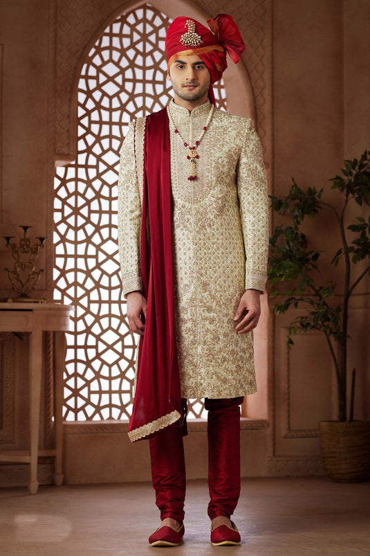 Jacquard Fabric Heavy Embroidered Cream Color Wedding Wear Designer Readymade Groom Sherwani For Men