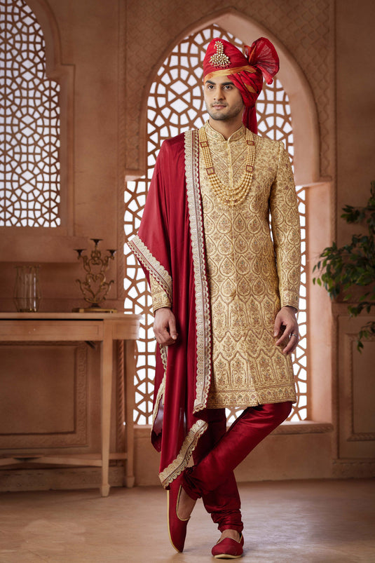 Heavy Embroidered Golden Color Wedding Wear Jacquard Fabric Designer Readymade Groom Sherwani For Men