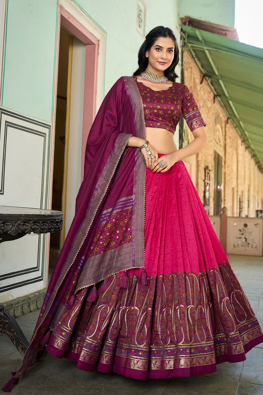 Function Wear Rani Color Kashmiri Printed Lovely Lehenga In Art Silk Fabric