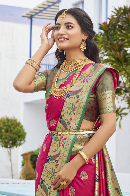 Festive Fashion Paithani Silk Meenakari Work Rani Color Saree