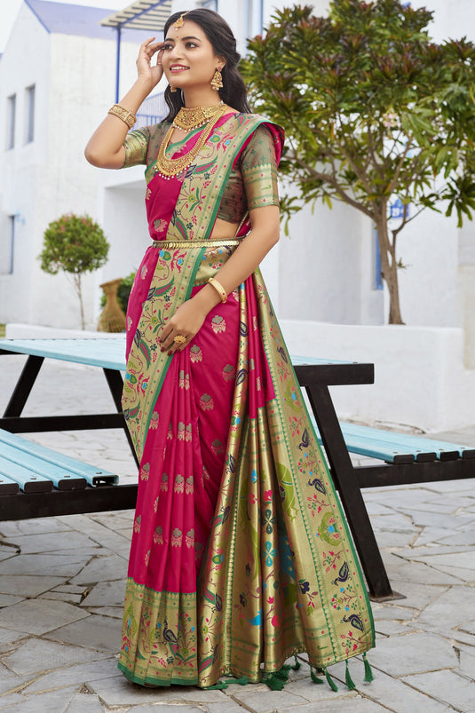 Festive Fashion Paithani Silk Meenakari Work Rani Color Saree