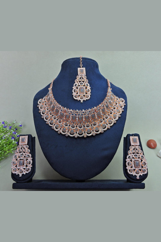 Grey Color Engaging Alloy Necklace With Earrings and Mang Tikka