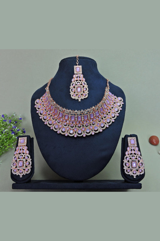 Purple Color Sober Alloy Necklace With Earrings and Mang Tikka