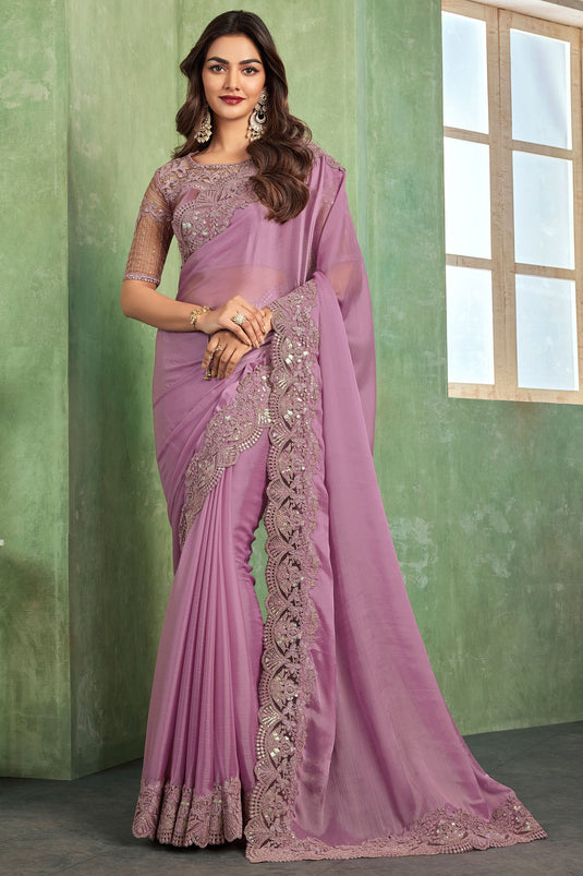 Excellent Chiffon Fabric Lavender Color Saree With Border Work