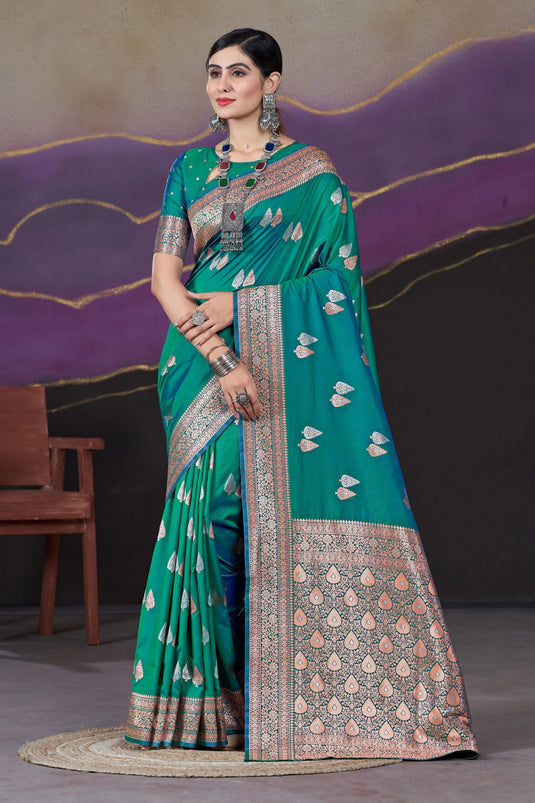 Weaving Work On Awesome Silk Fabric Saree In Teal Color