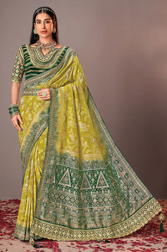 Yellow Color Gorgeous Silk Saree With Heavy Embroidered Velvet Blouse