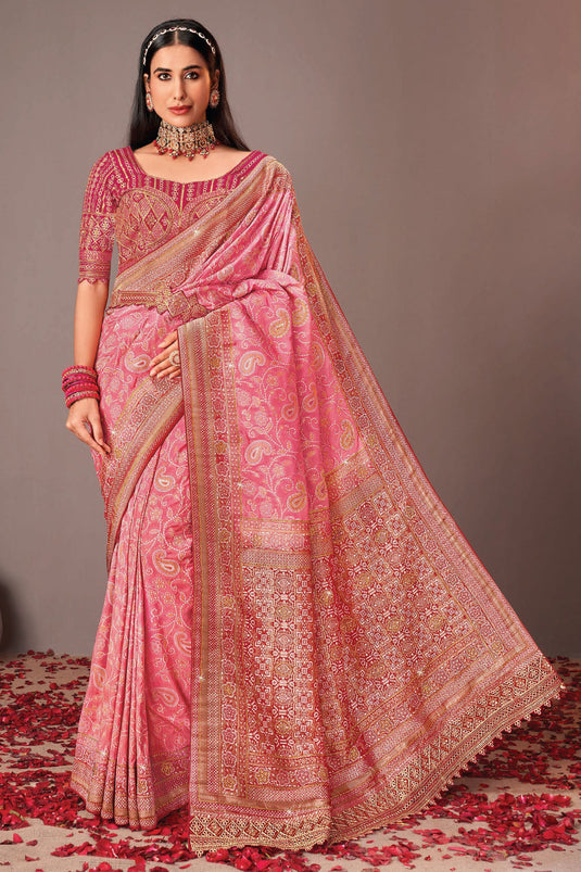 Imposing Silk Saree With Heavy Embroidered Velvet Blouse In Pink Color