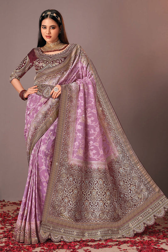 Lavender Color Glorious Silk Saree With Heavy Embroidered Velvet Blouse