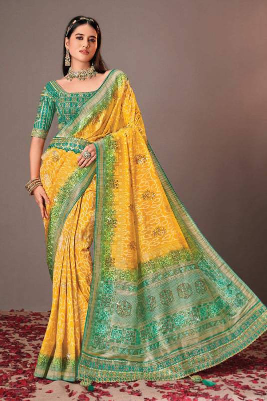 Mustard Color Glamorous Silk Saree With Heavy Embroidered Velvet Blouse
